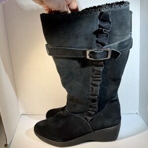 London Fog Monica Suede Leather Waterproof Tall Boots Faux Fur Wedge Black Sz 9M